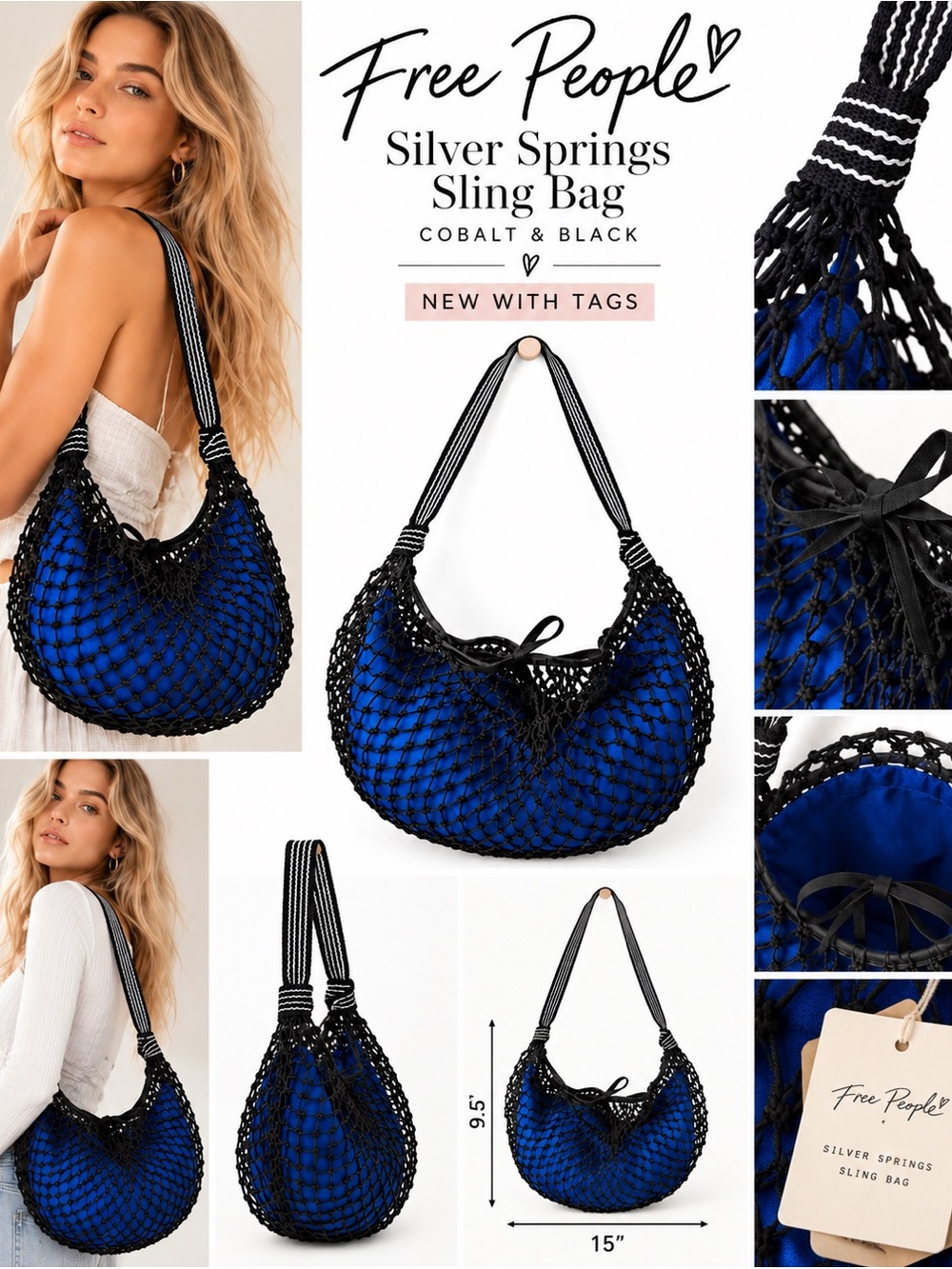 NWT Free People Silver Springs Sling Bag Cobalt Blue Black Macramé